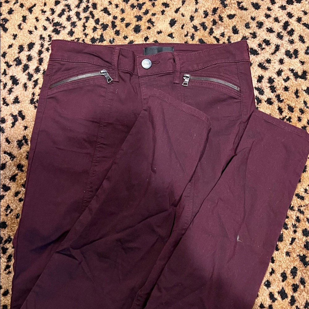 Vince straight leg maroon jeans with zippers